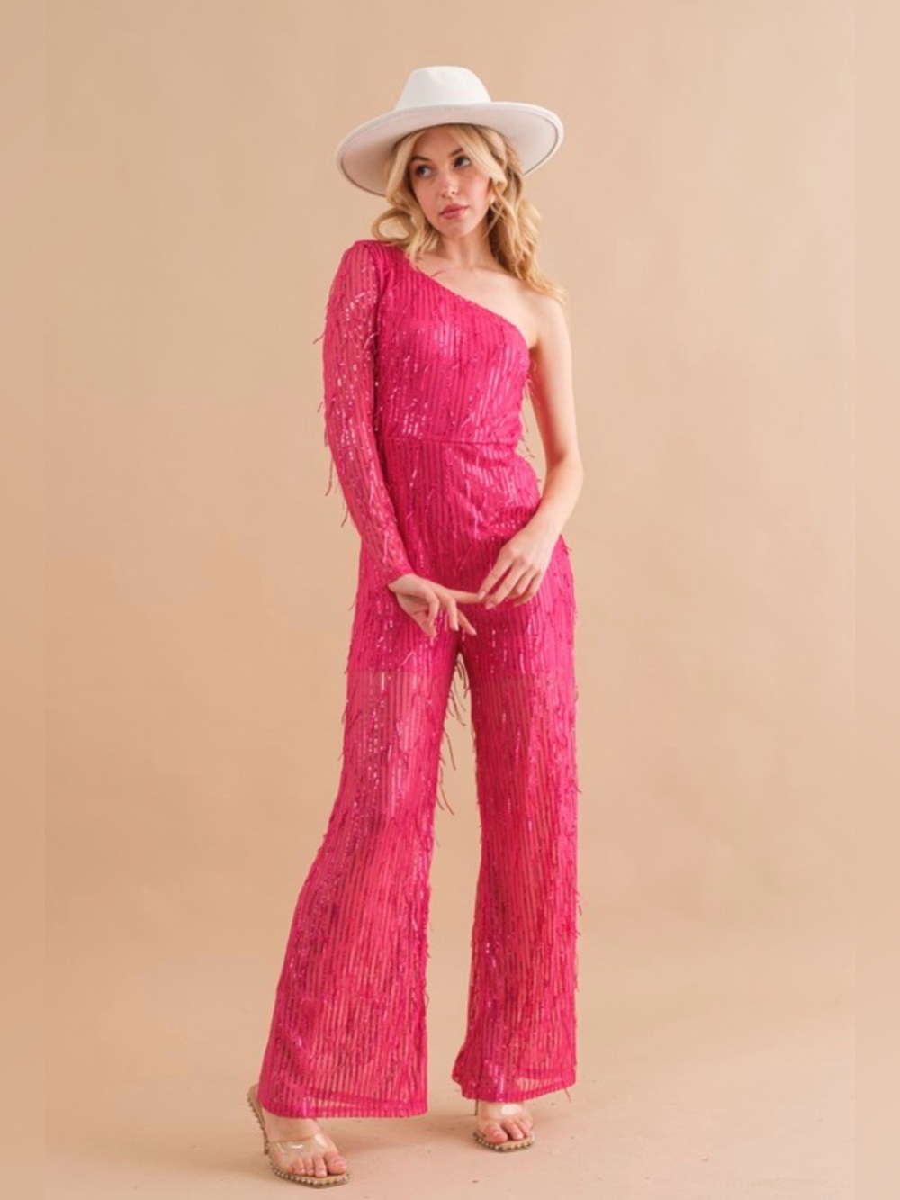 NWT blue b Asymmetrical One-Shoulder Hot Pink Sequin Jumpsuit Boutique Rare